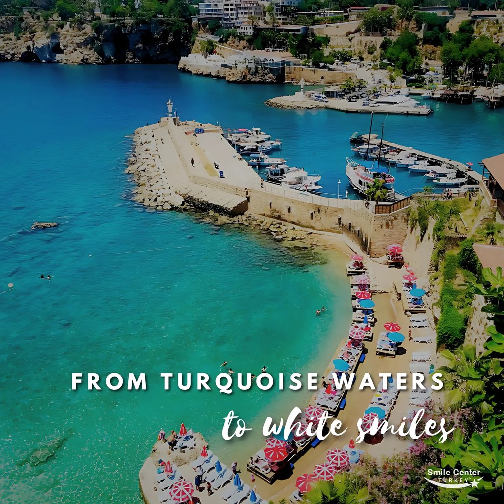 Aerial view of turquoise Antalya coast near Smile Center Turkey.