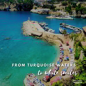 Aerial view of turquoise Antalya coast near Smile Center Turkey.