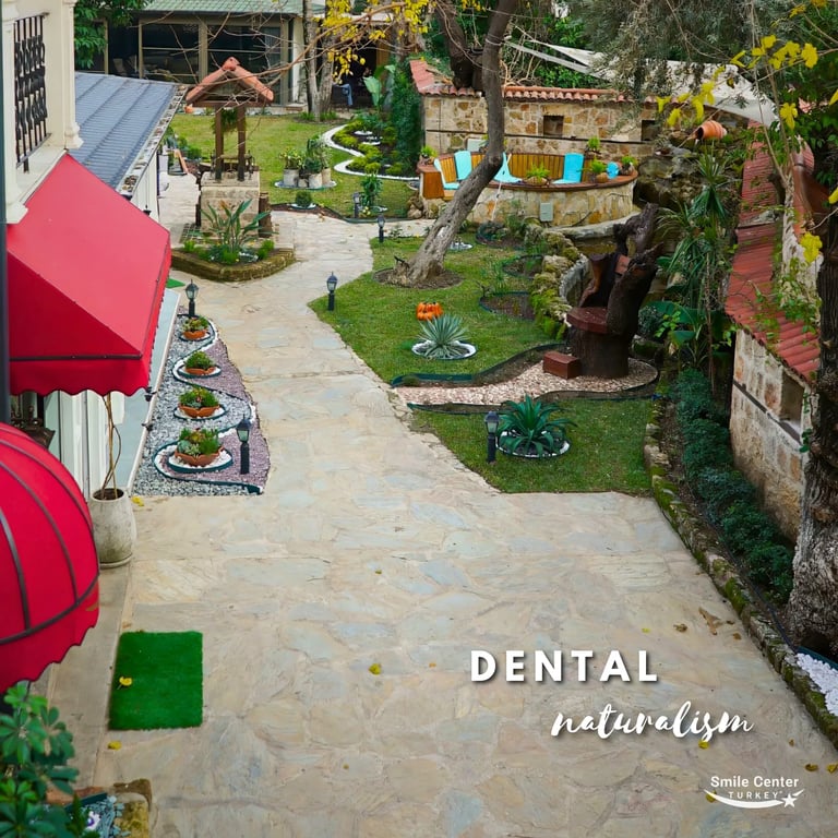 Calm clinic garden environment in Antalya where patients recover between appointments