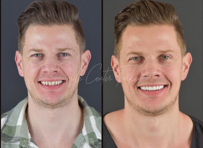 Before and after veneer treatment of a UK patient at Smile Center Turkey in Antalya — showing natural, aesthetic smile transformation with porcelain veneers (2025).