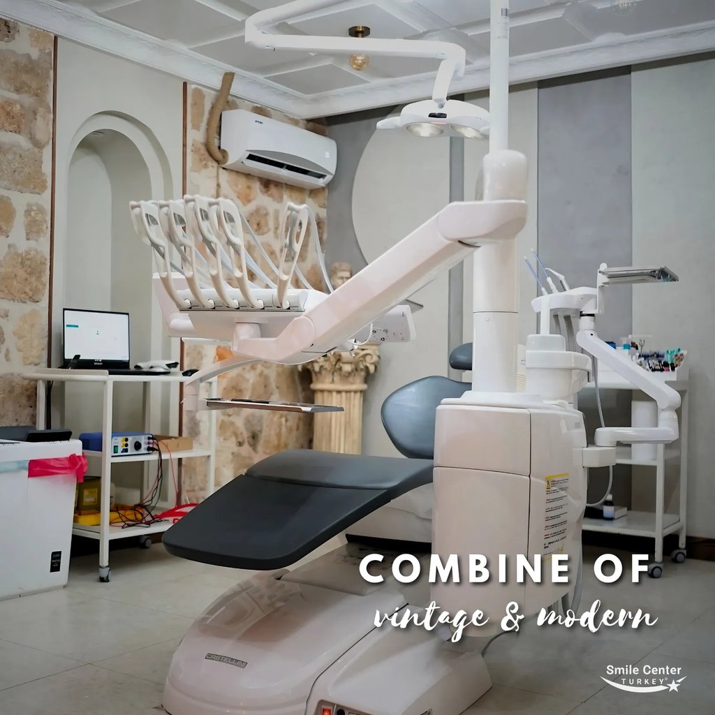 Modern dental chair in a clinic with vintage design elements