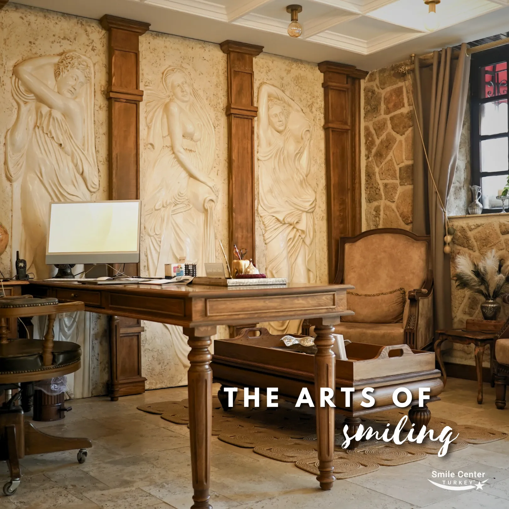 Aesthetic wall decor in dental clinic showing artistic interior.